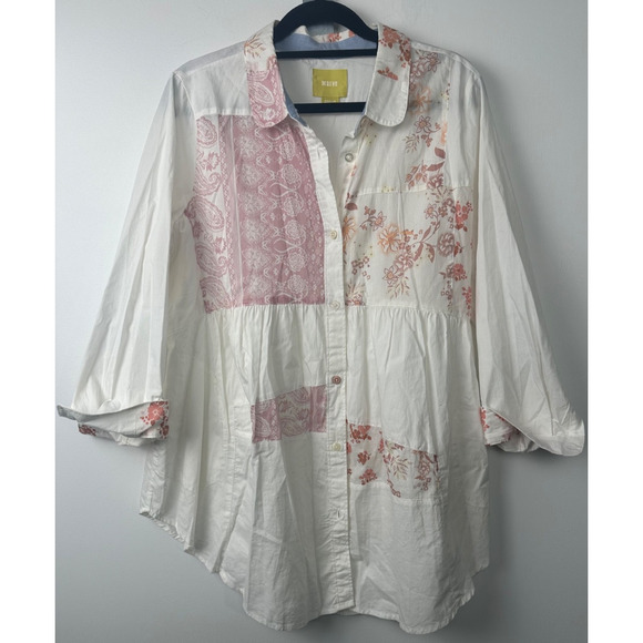 Anthro Maeve M Patchwork Boho Paisley Tunic Button Top 3/4 Slv Cottagecore A49 - Picture 1 of 8